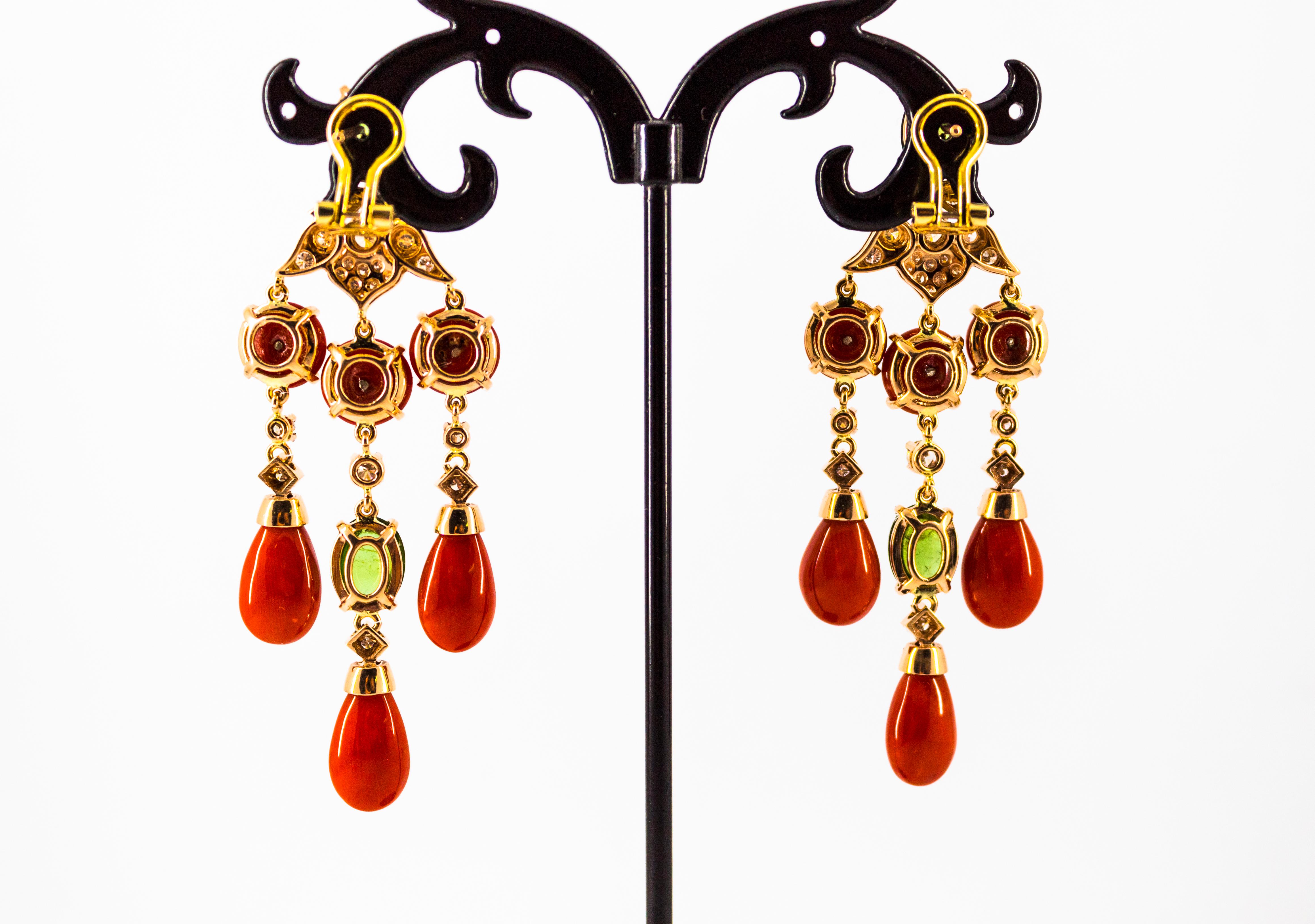 Mediterranean Red Coral White Diamond Green Tourmaline Yellow Gold Drop Earrings For Sale 7