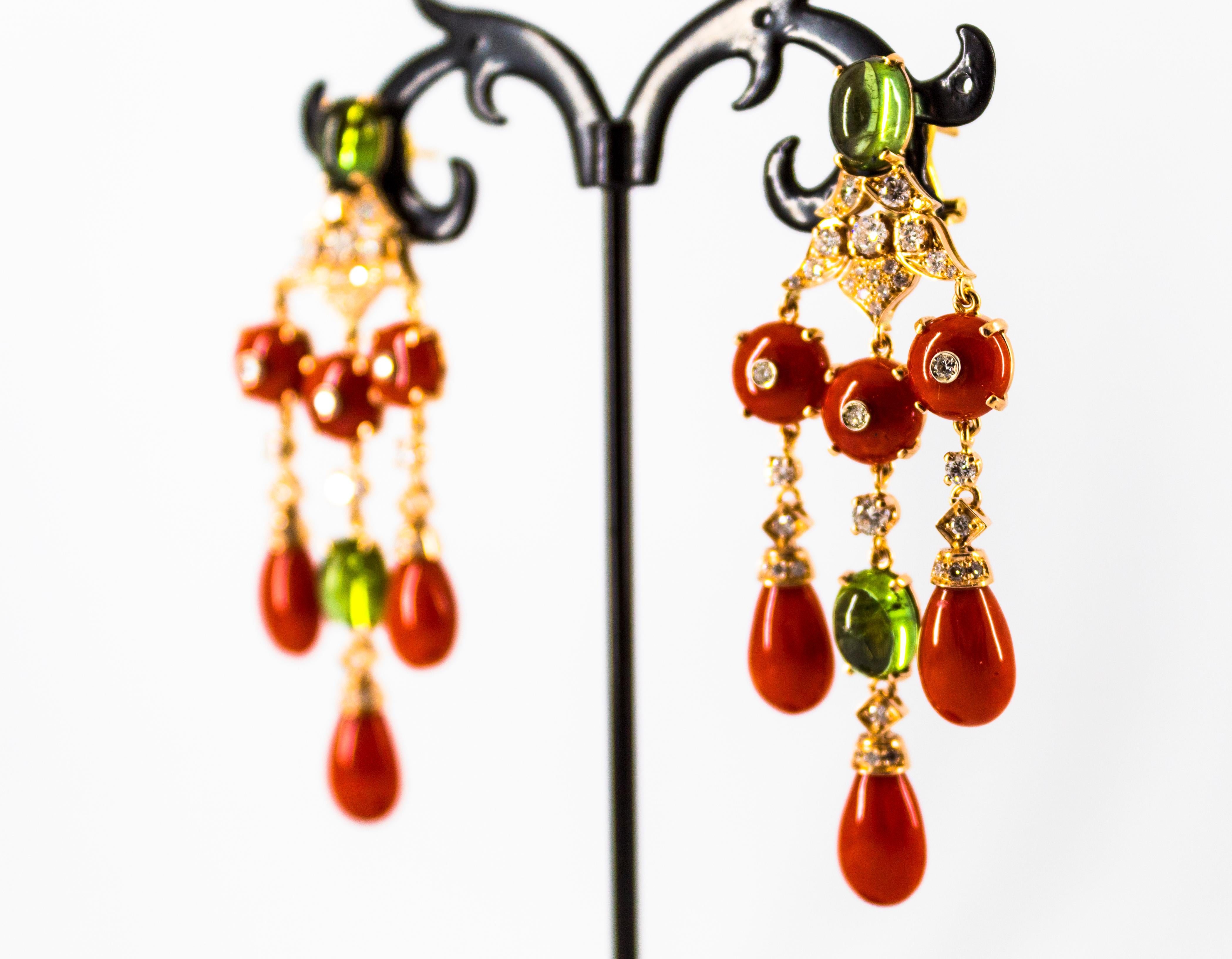 Mediterranean Red Coral White Diamond Green Tourmaline Yellow Gold Drop Earrings For Sale 8