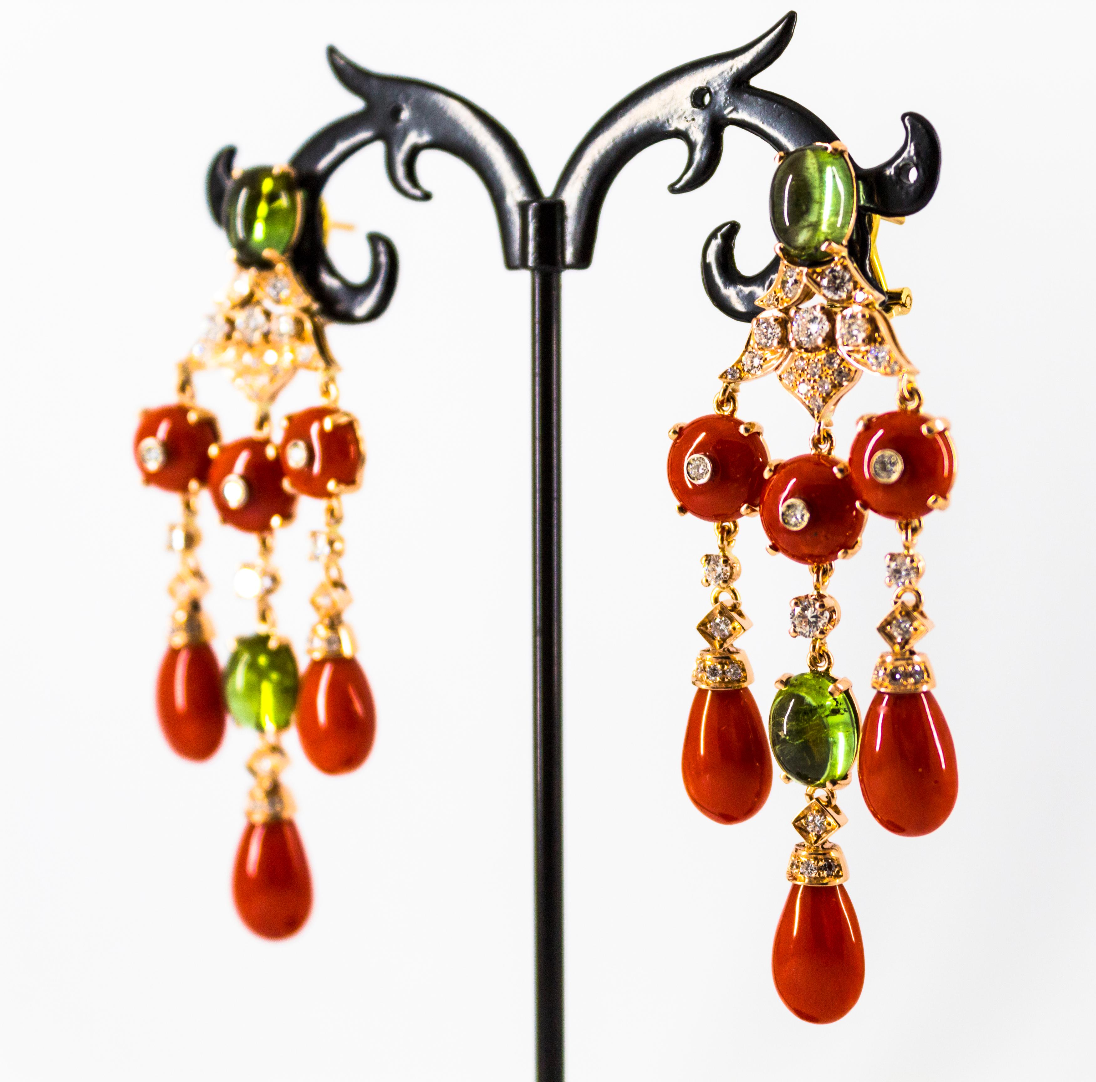 Mediterranean Red Coral White Diamond Green Tourmaline Yellow Gold Drop Earrings For Sale 9