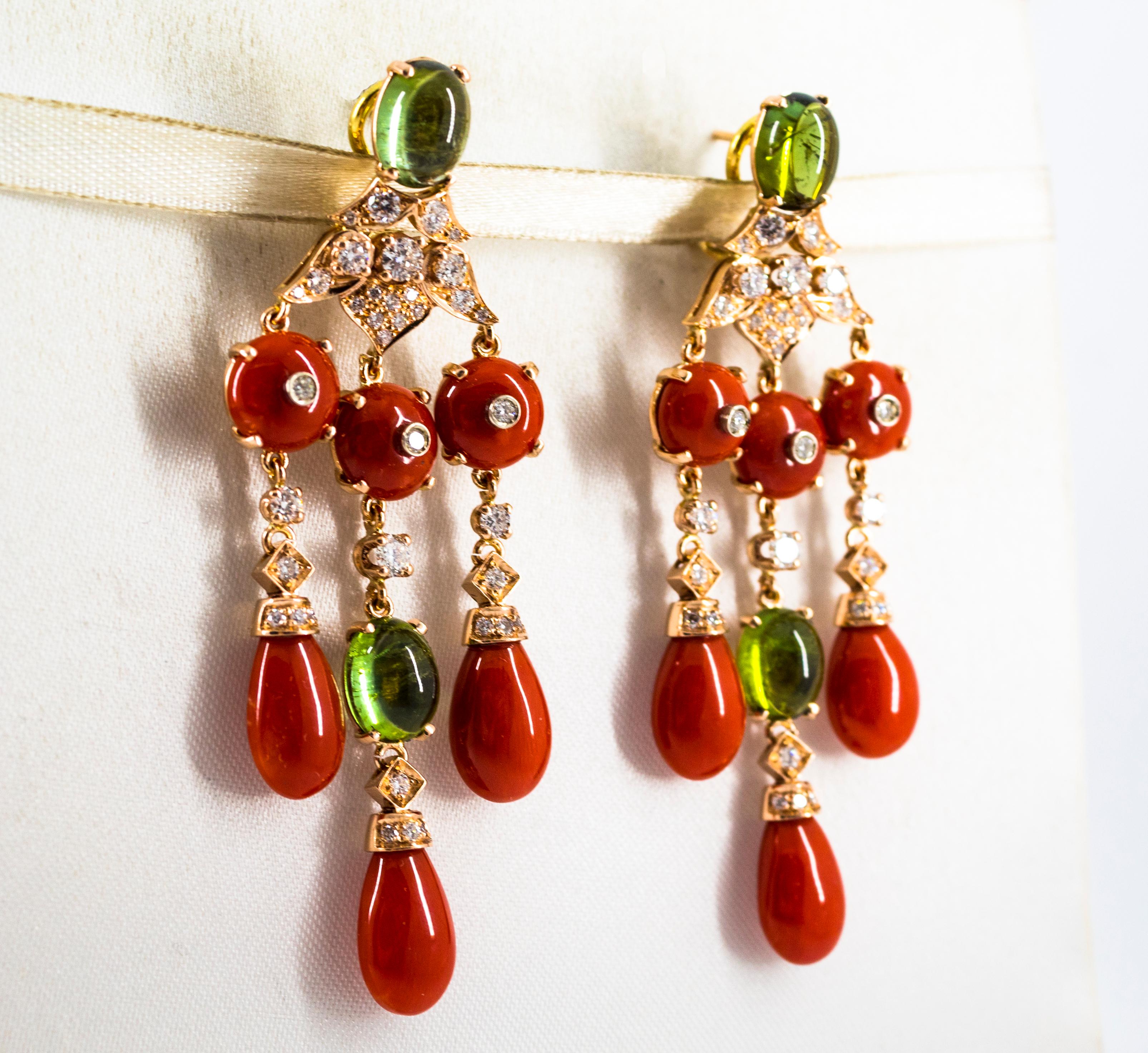 Brilliant Cut Mediterranean Red Coral White Diamond Green Tourmaline Yellow Gold Drop Earrings For Sale