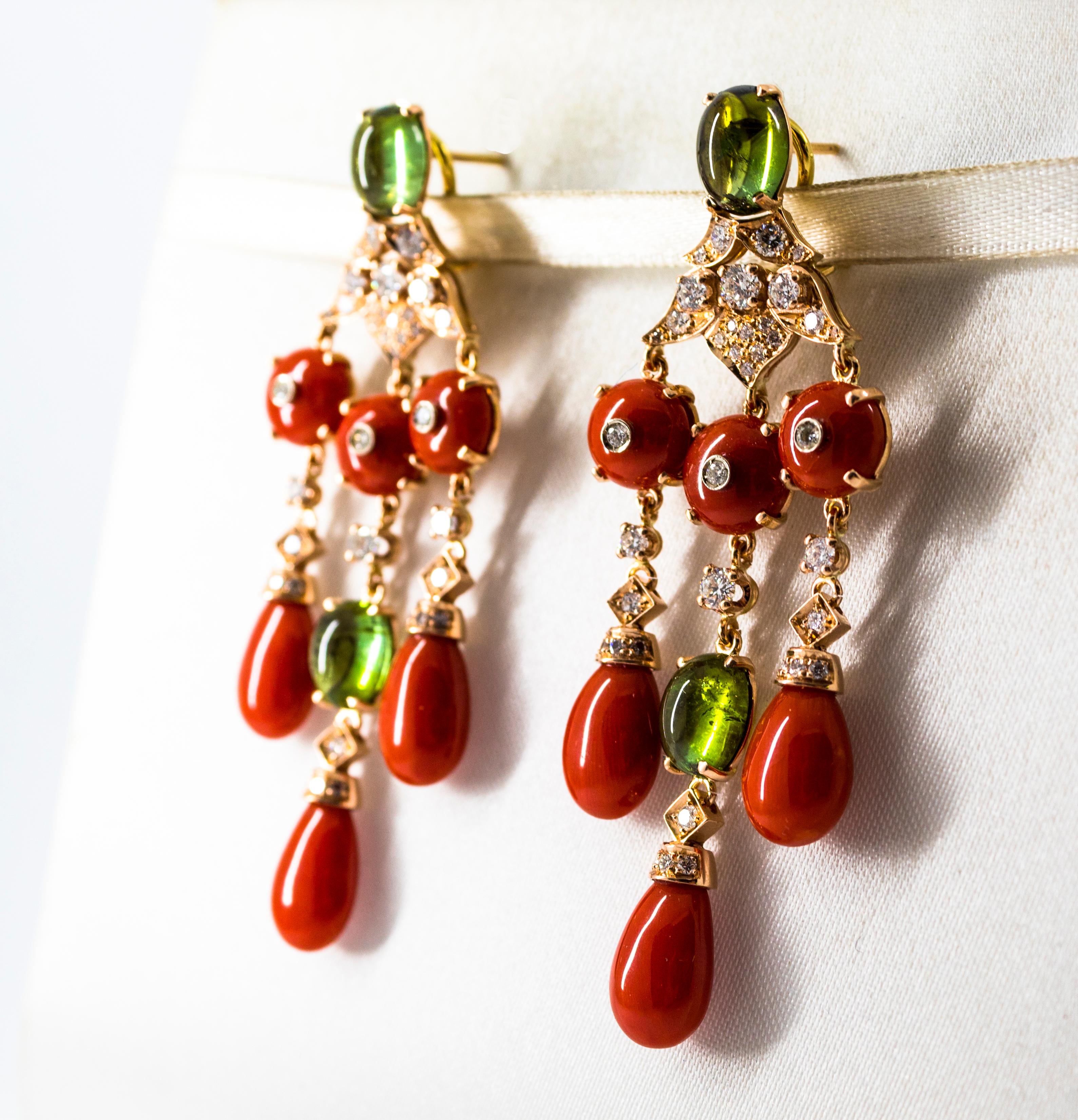 Women's or Men's Mediterranean Red Coral White Diamond Green Tourmaline Yellow Gold Drop Earrings