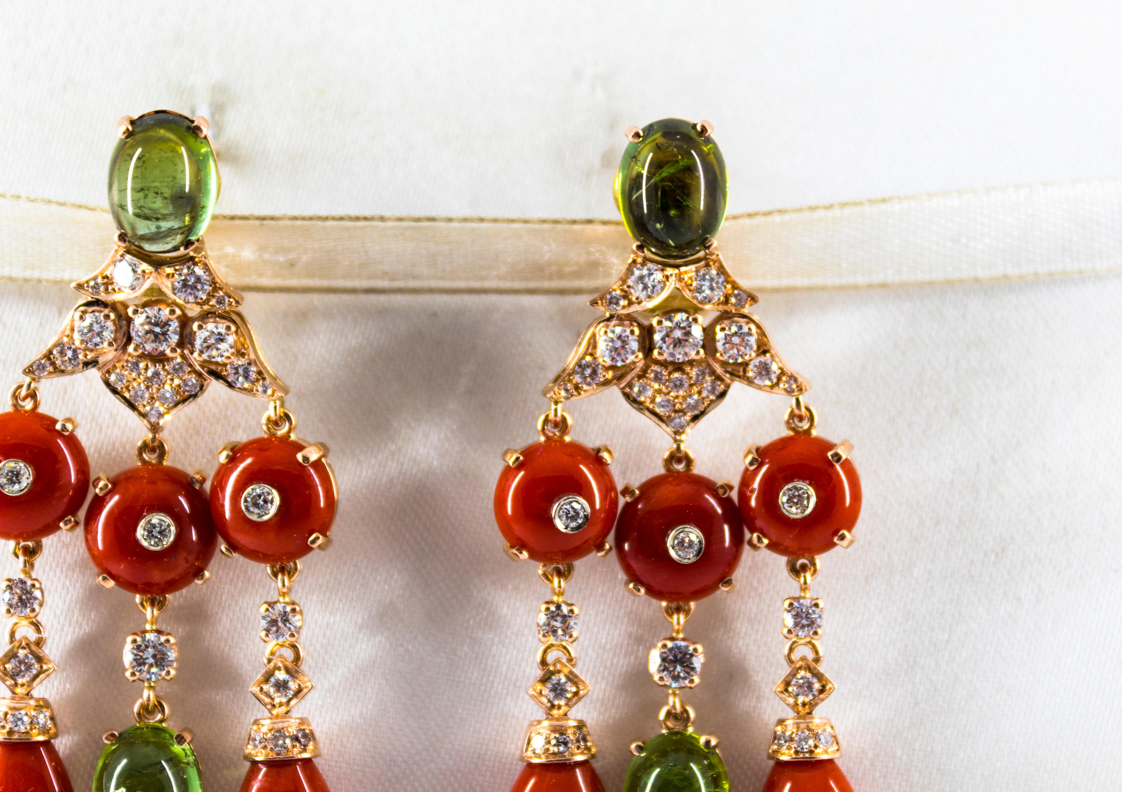 Mediterranean Red Coral White Diamond Green Tourmaline Yellow Gold Drop Earrings For Sale 1