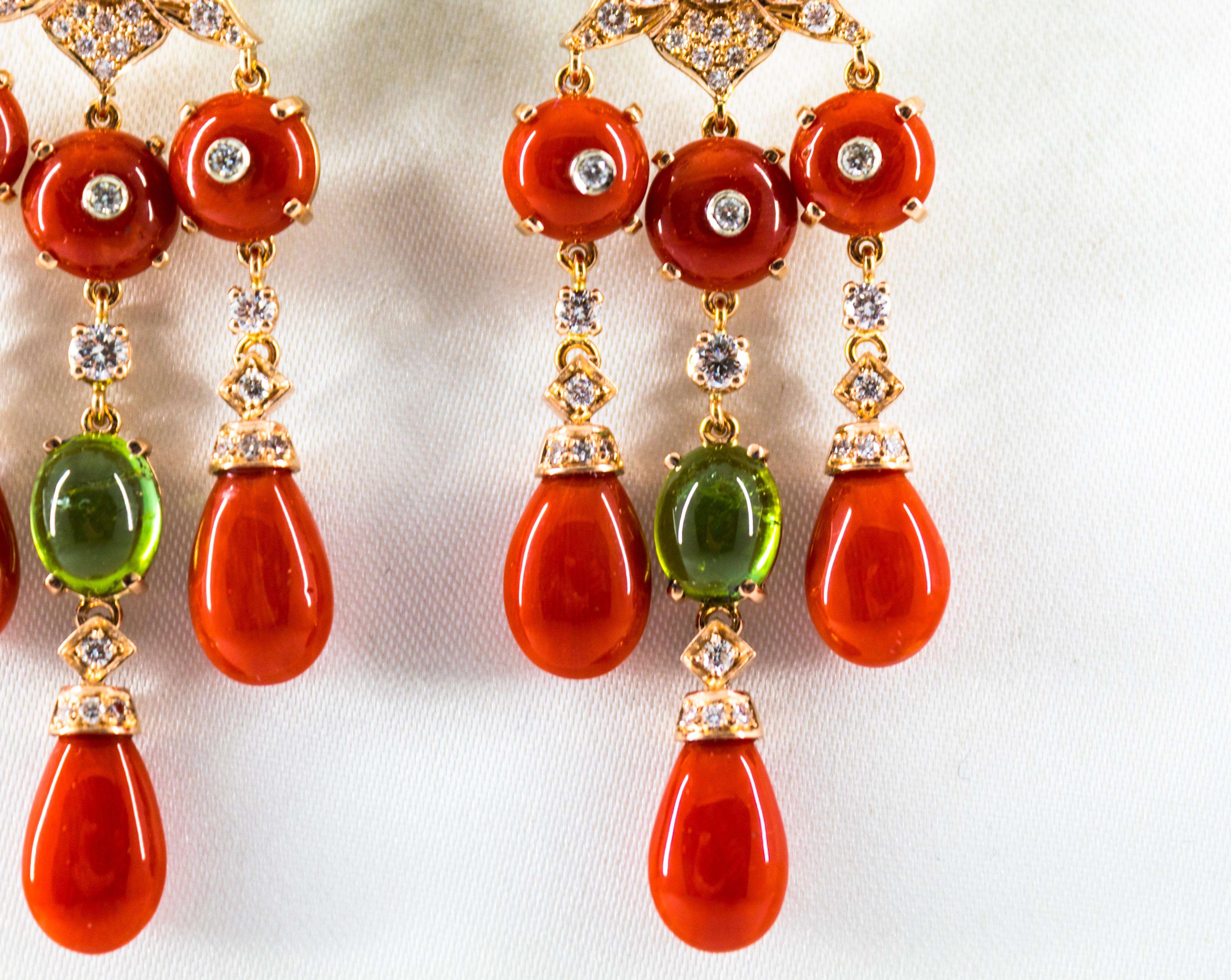 Mediterranean Red Coral White Diamond Green Tourmaline Yellow Gold Drop Earrings For Sale 2
