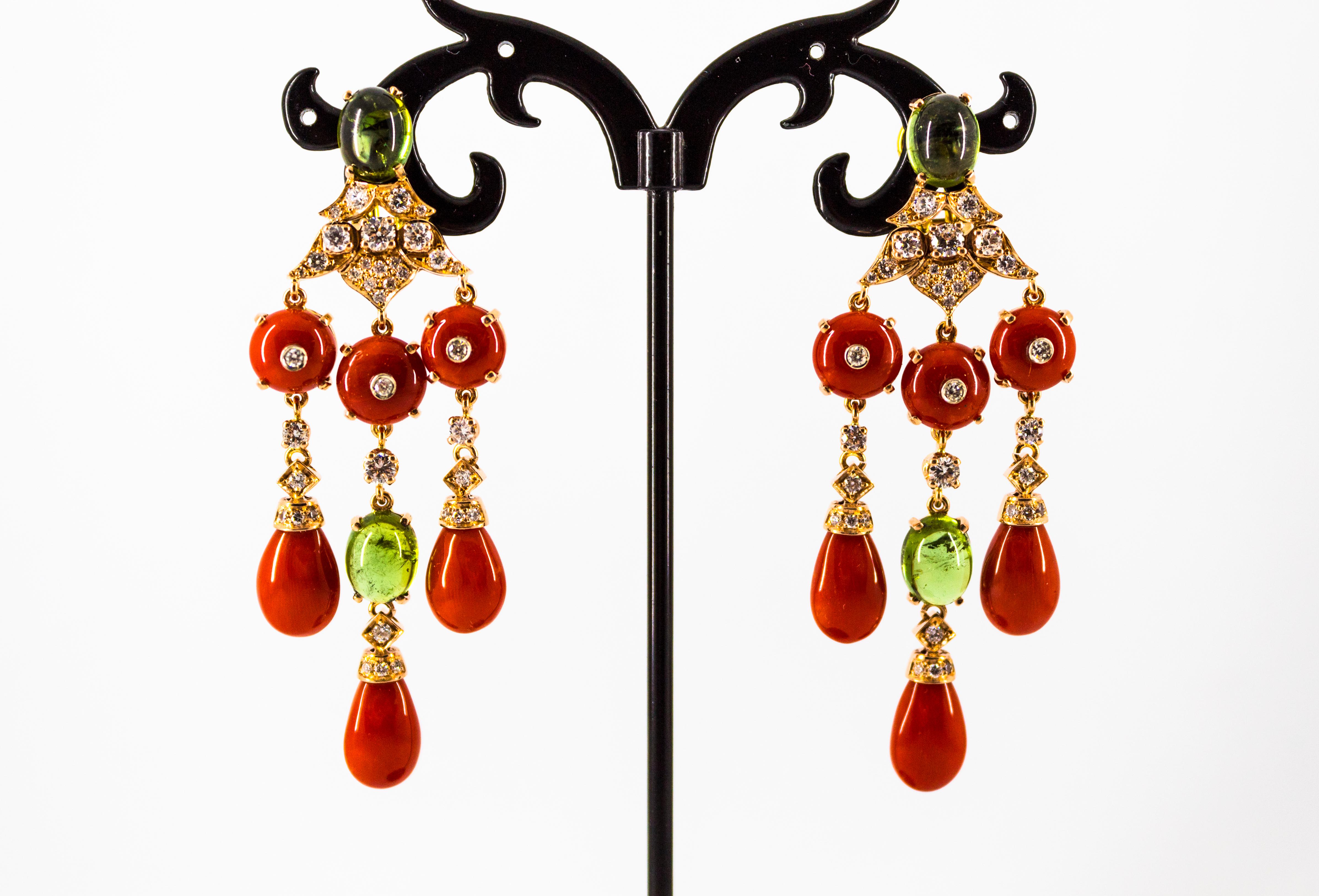 Mediterranean Red Coral White Diamond Green Tourmaline Yellow Gold Drop Earrings For Sale 3