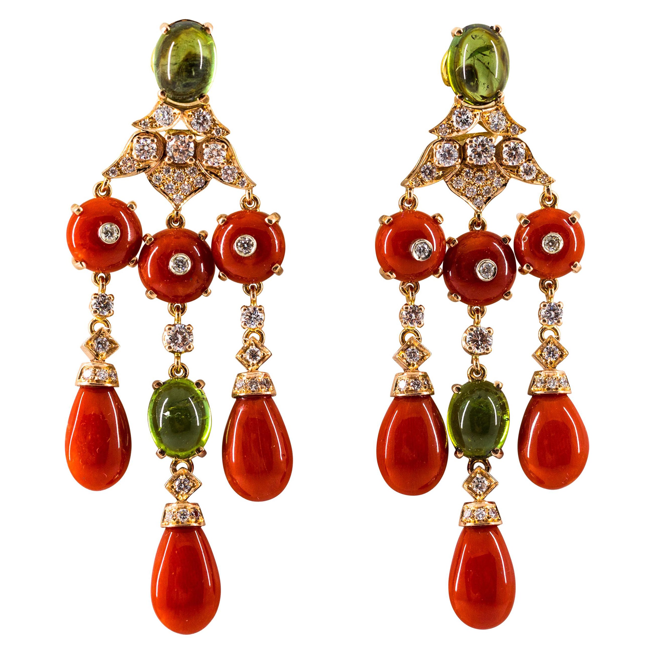 Mediterranean Red Coral White Diamond Green Tourmaline Yellow Gold Drop Earrings