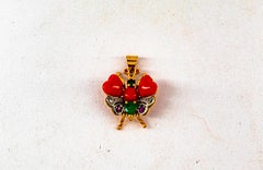 Mediterranean Red Coral White Diamond Ruby Emerald Yellow Gold Butterfly Pendant