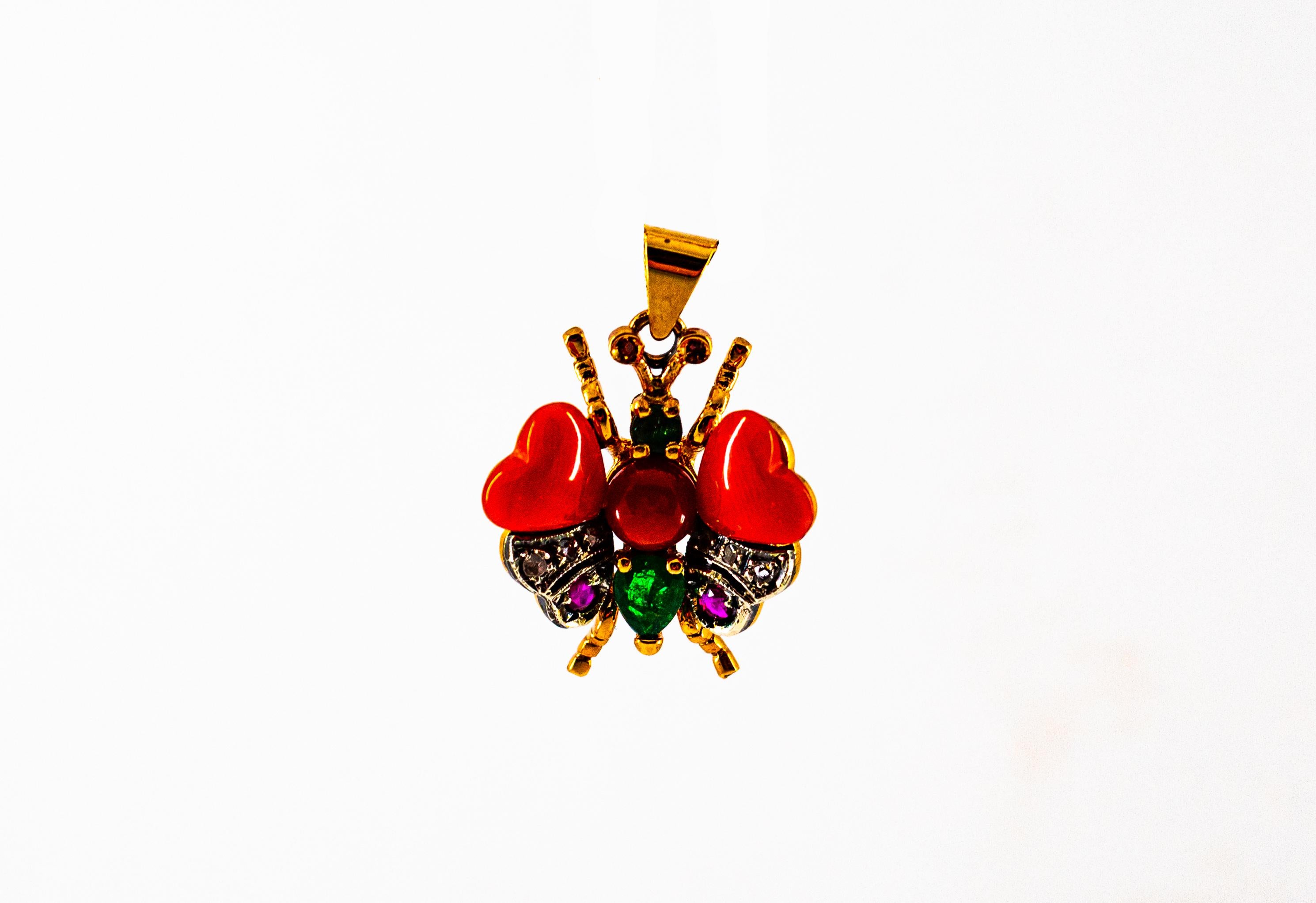 Rose Cut Mediterranean Red Coral White Diamond Ruby Emerald Yellow Gold Butterfly Pendant