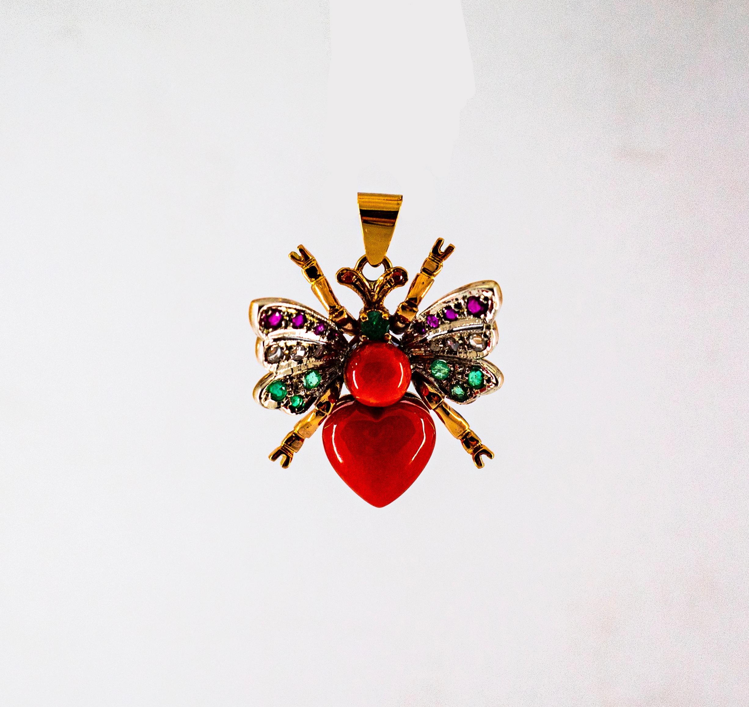 Rose Cut Mediterranean Red Coral White Diamond Ruby Emerald Yellow Gold Butterfly Pendant For Sale