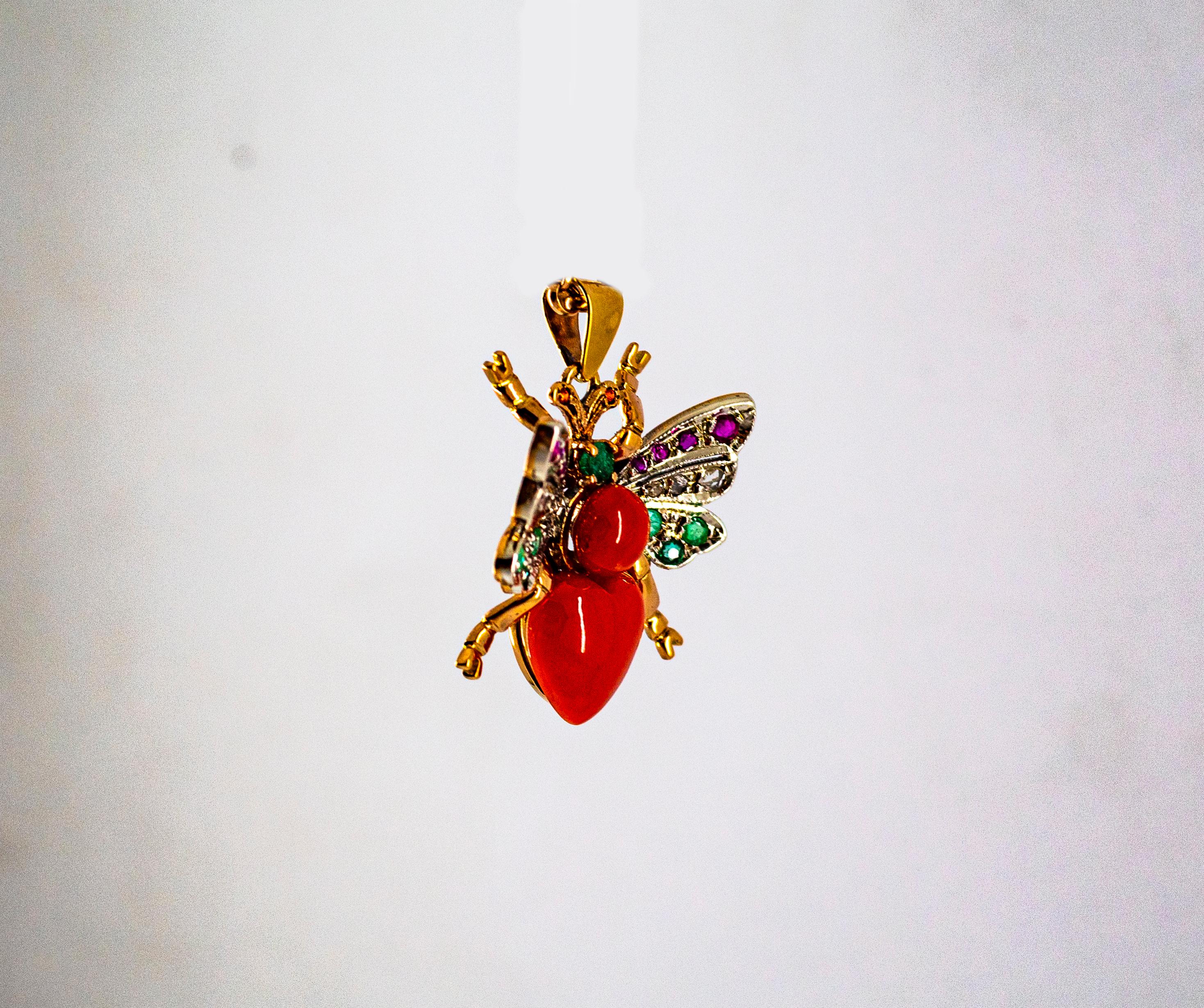 Mediterranean Red Coral White Diamond Ruby Emerald Yellow Gold Butterfly Pendant In New Condition In Naples, IT