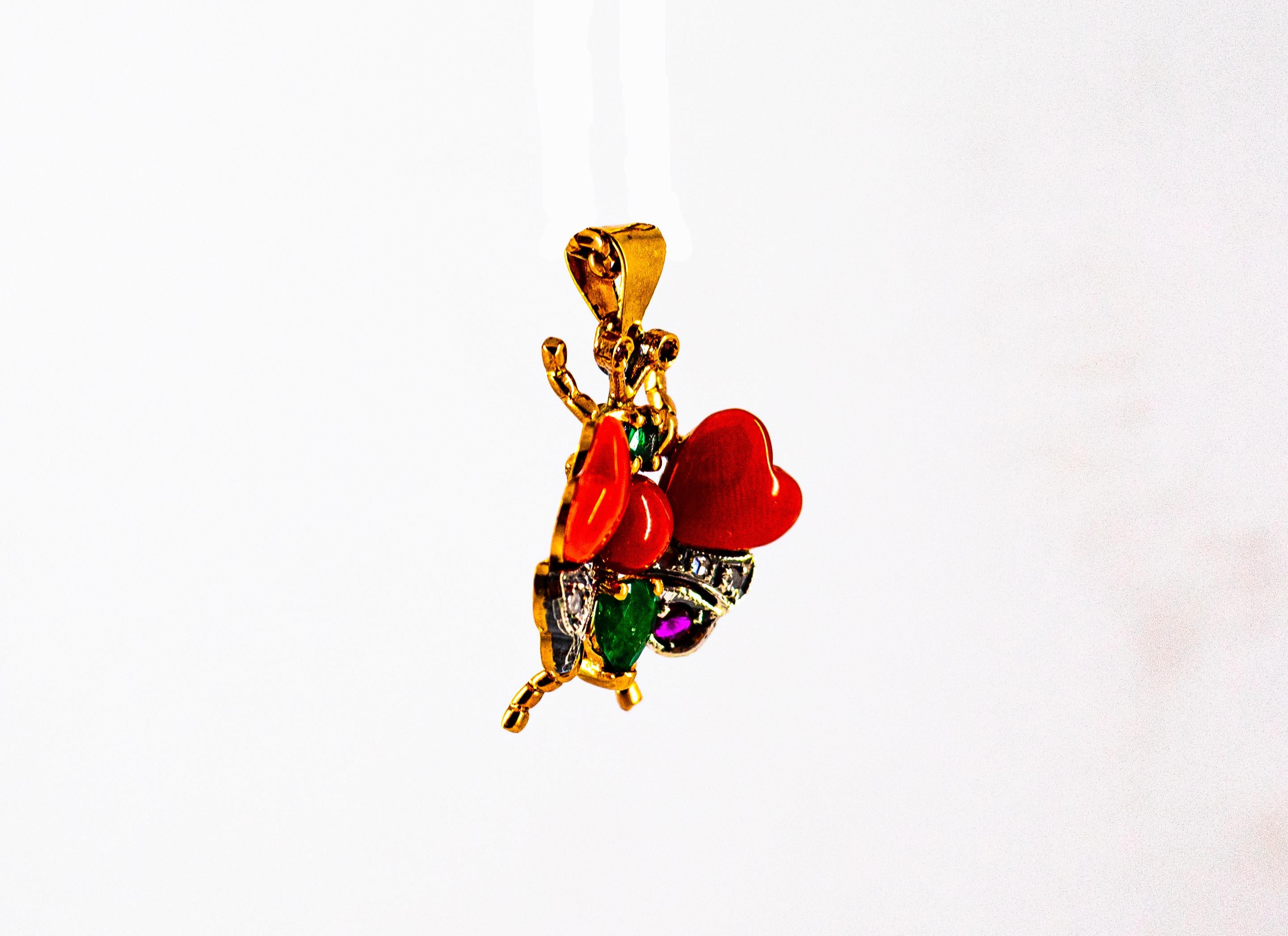Mediterranean Red Coral White Diamond Ruby Emerald Yellow Gold Butterfly Pendant In New Condition In Naples, IT