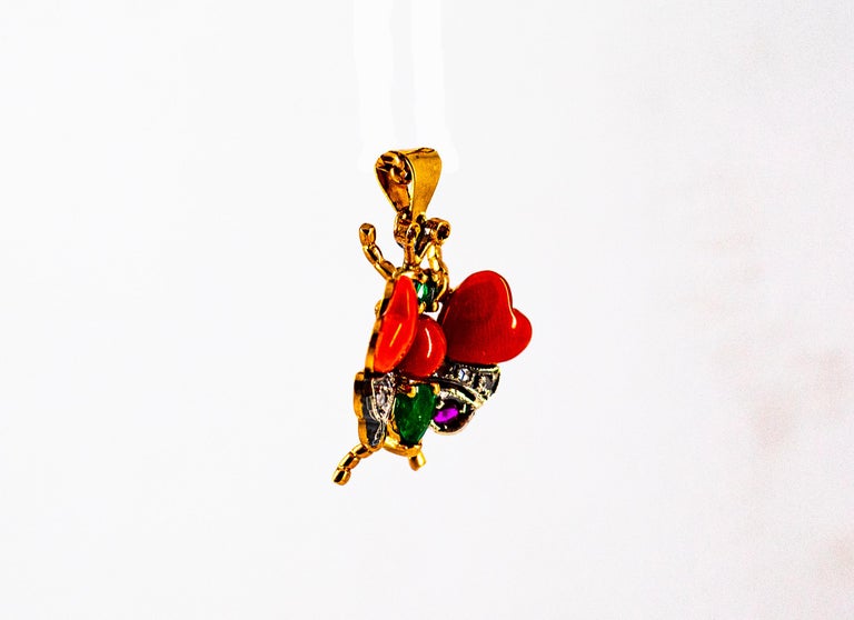 Mediterranean Red Coral White Diamond Ruby Emerald Yellow Gold Butterfly Pendant In New Condition For Sale In Naples, IT
