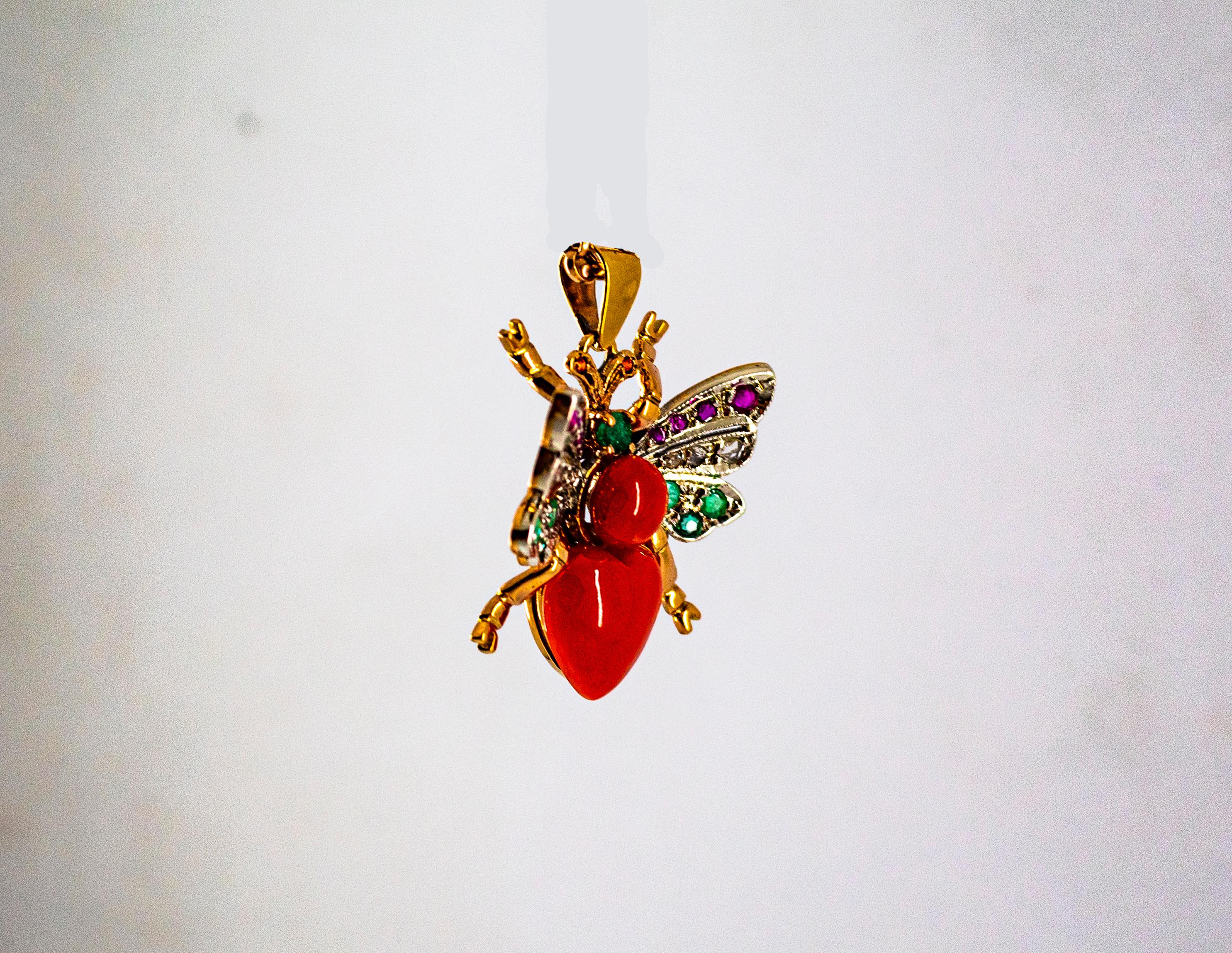 Women's or Men's Mediterranean Red Coral White Diamond Ruby Emerald Yellow Gold Butterfly Pendant