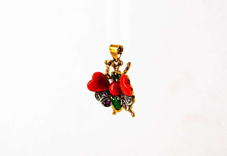 Women's or Men's Mediterranean Red Coral White Diamond Ruby Emerald Yellow Gold Butterfly Pendant For Sale