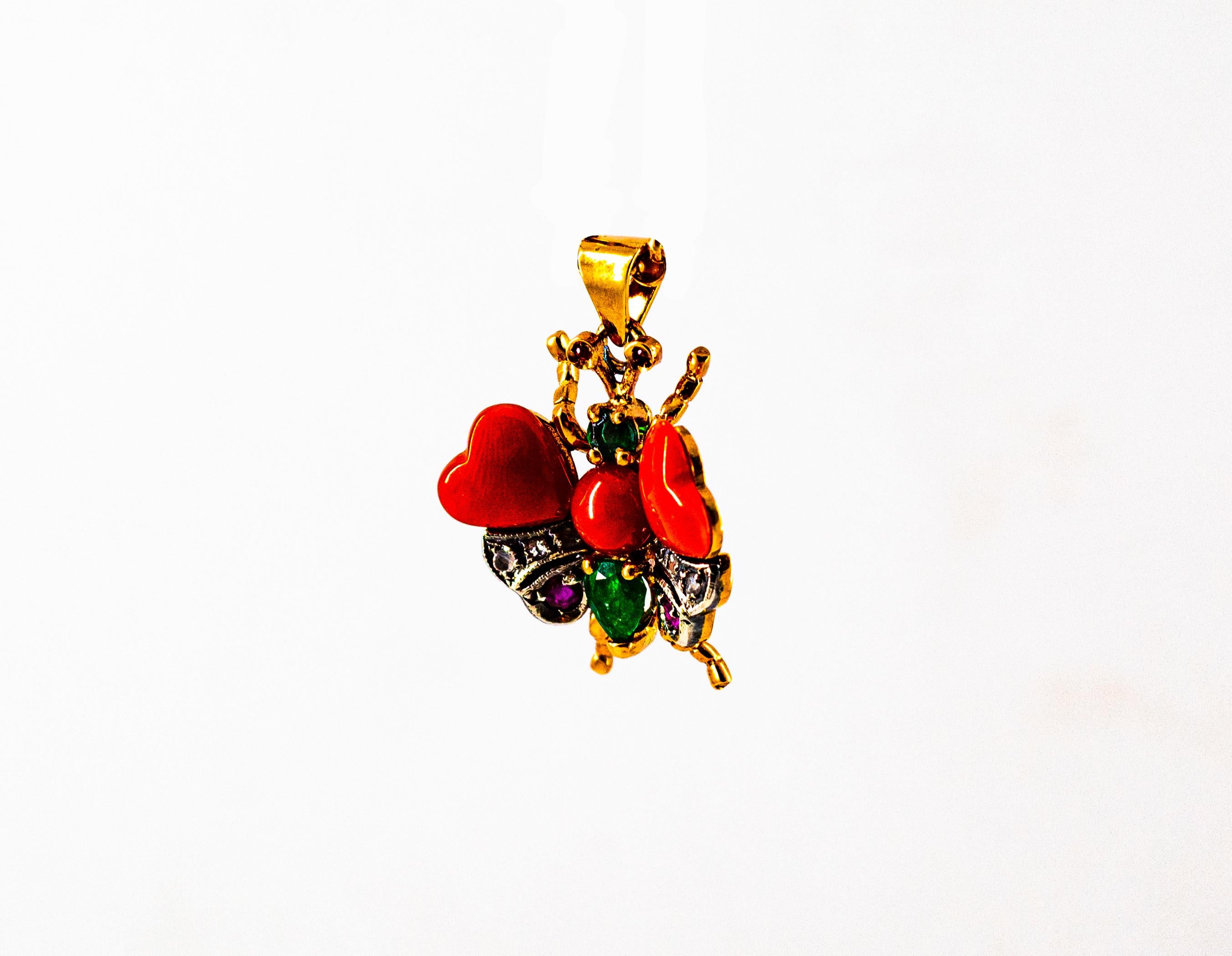 Mediterranean Red Coral White Diamond Ruby Emerald Yellow Gold Butterfly Pendant 1