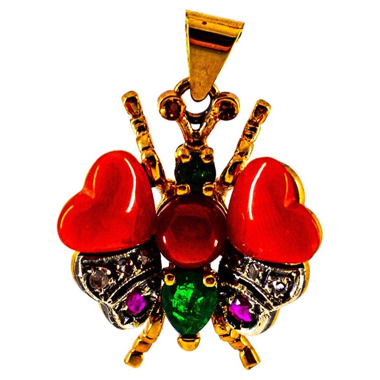 Mediterranean Red Coral White Diamond Ruby Emerald Yellow Gold Butterfly Pendant For Sale