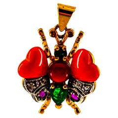 Mediterranean Red Coral White Diamond Ruby Emerald Yellow Gold Butterfly Pendant
