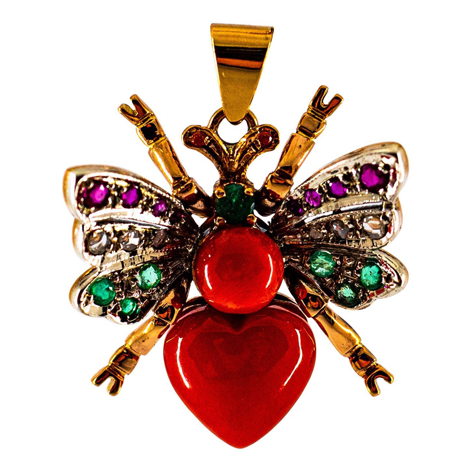 Mediterranean Red Coral White Diamond Ruby Emerald Yellow Gold Butterfly Pendant