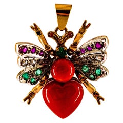 Mediterranean Red Coral White Diamond Ruby Emerald Yellow Gold Butterfly Pendant