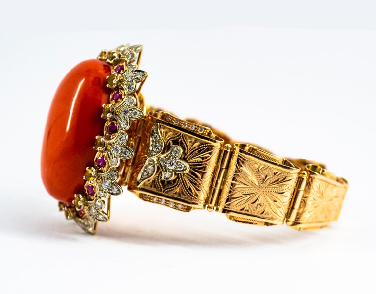 Mediterranean Red Coral White Diamond Ruby Yellow Sapphire Yellow Gold Bracelet at 1stDibs