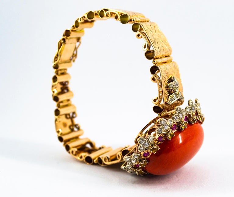 Mediterranean Red Coral White Diamond Ruby Yellow Sapphire Yellow Gold Bracelet at 1stDibs