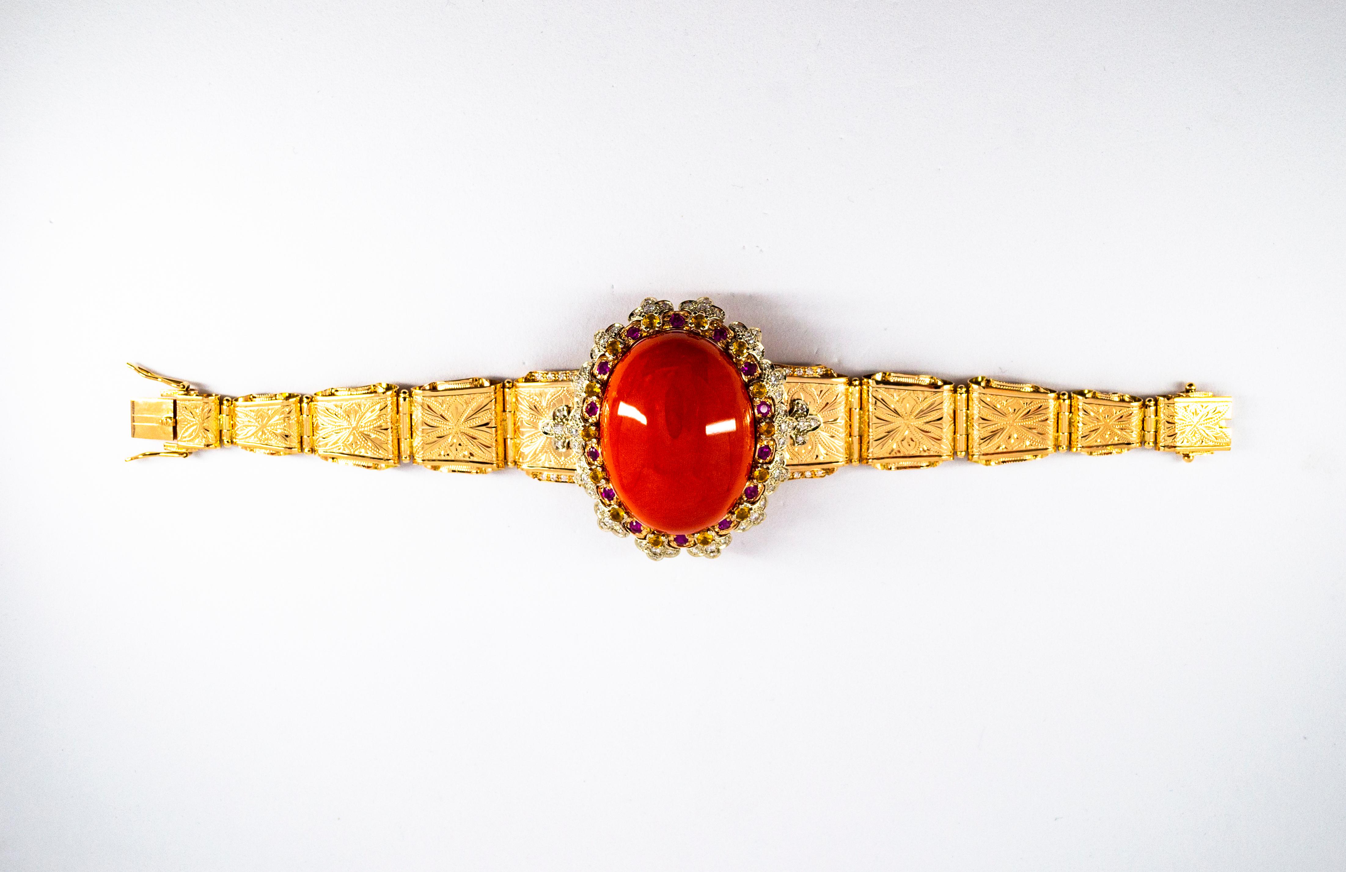 Art Deco Mediterranean Red Coral White Diamond Ruby Yellow Sapphire Yellow Gold Bracelet