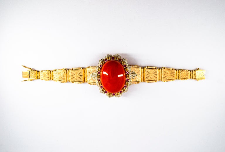Mediterranean Red Coral White Diamond Ruby Yellow Sapphire Yellow Gold Bracelet at 1stDibs