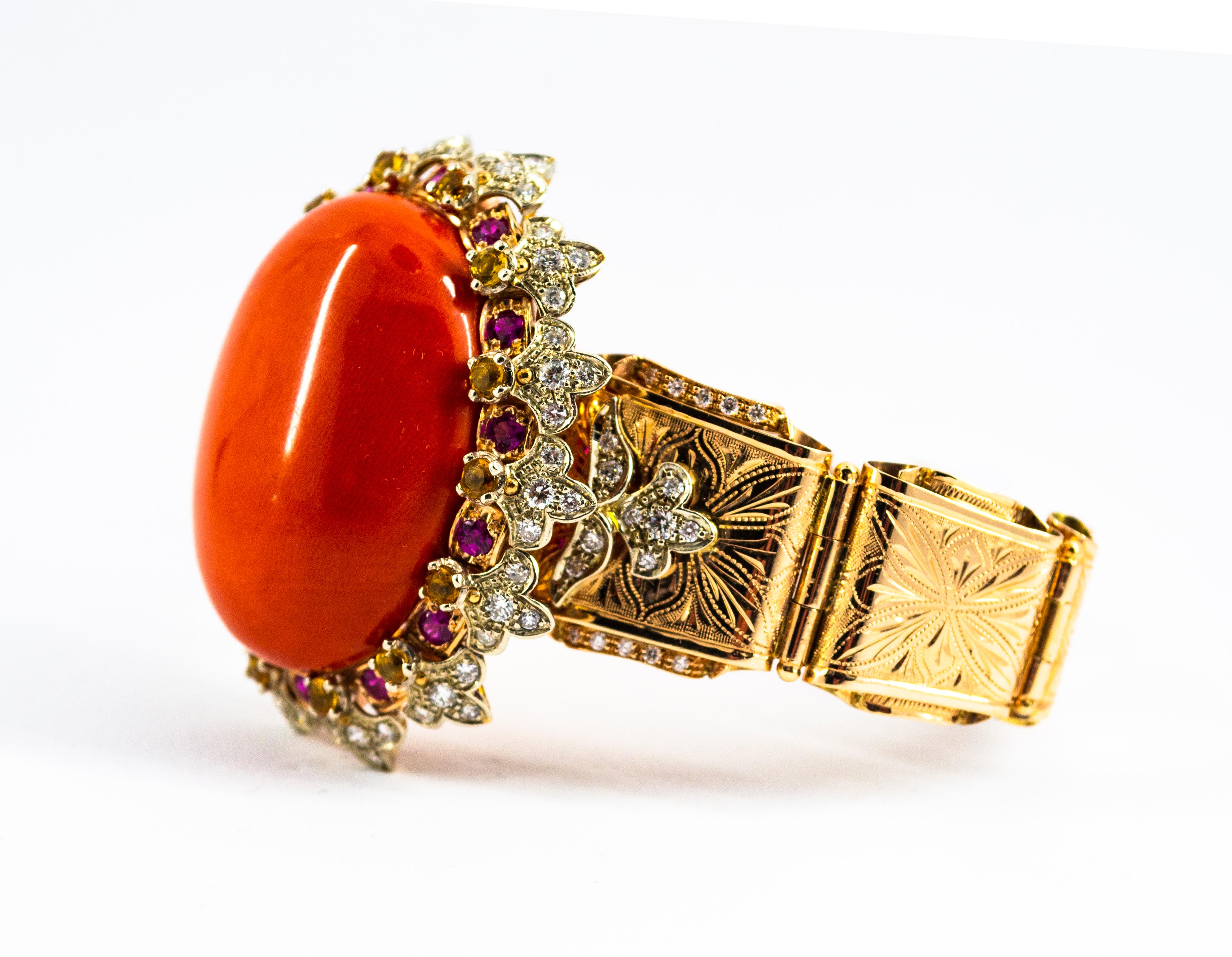 Women's or Men's Mediterranean Red Coral White Diamond Ruby Yellow Sapphire Yellow Gold Bracelet