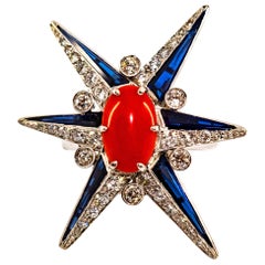 Mediterranean Red Coral White Diamond Sapphire White Gold Cocktail "Star" Ring
