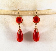 Mediterranean Red Coral White Diamond Yellow Gold Lever-Back "Snake" Earrings