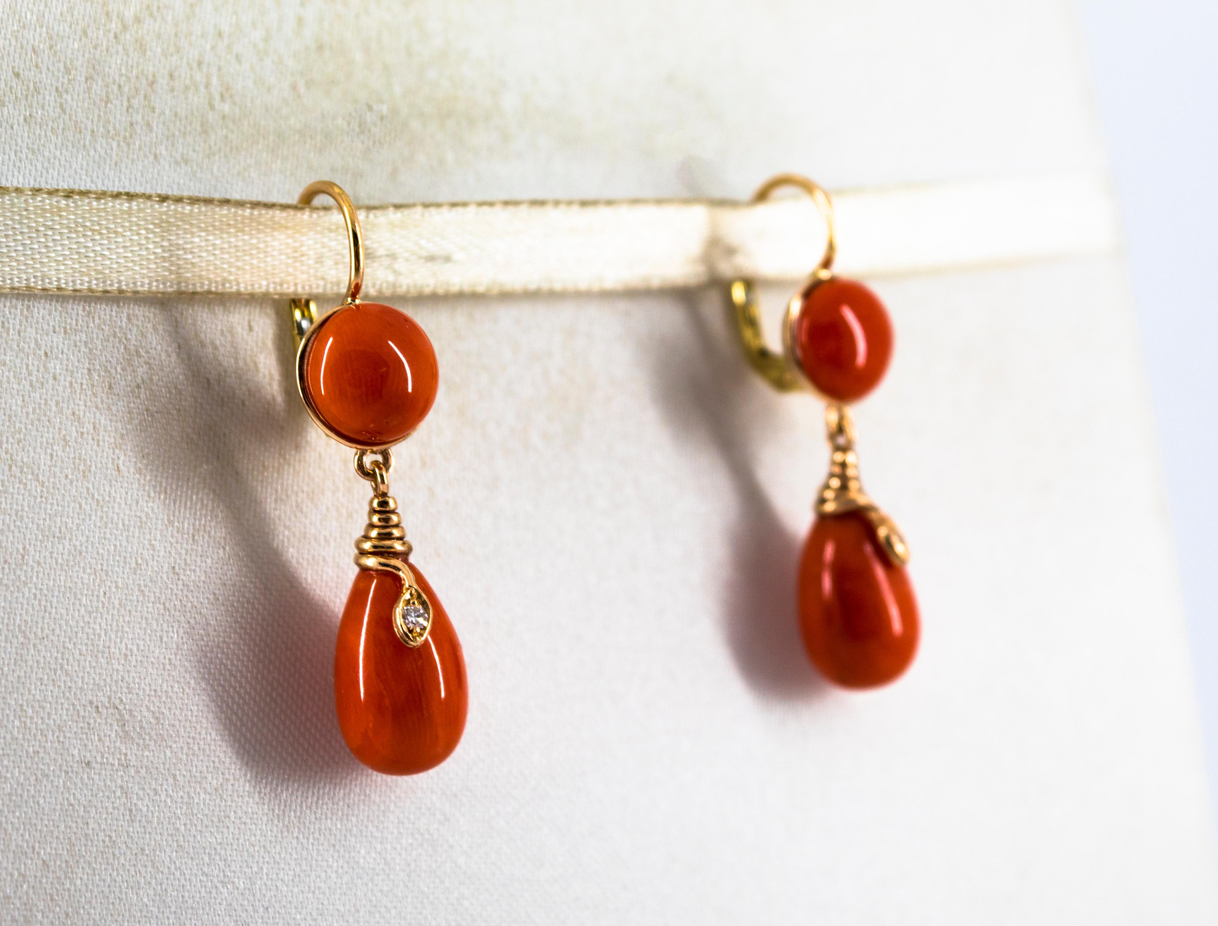 These Earrings are made of 14K Yellow Gold.
These Earrings have 0.04 Carats of White Diamonds.
These Earrings have Red Mediterranean (Sardinia, Italy) Coral.
All our Earrings have pins for pierced ears but we can change the closure and make any of