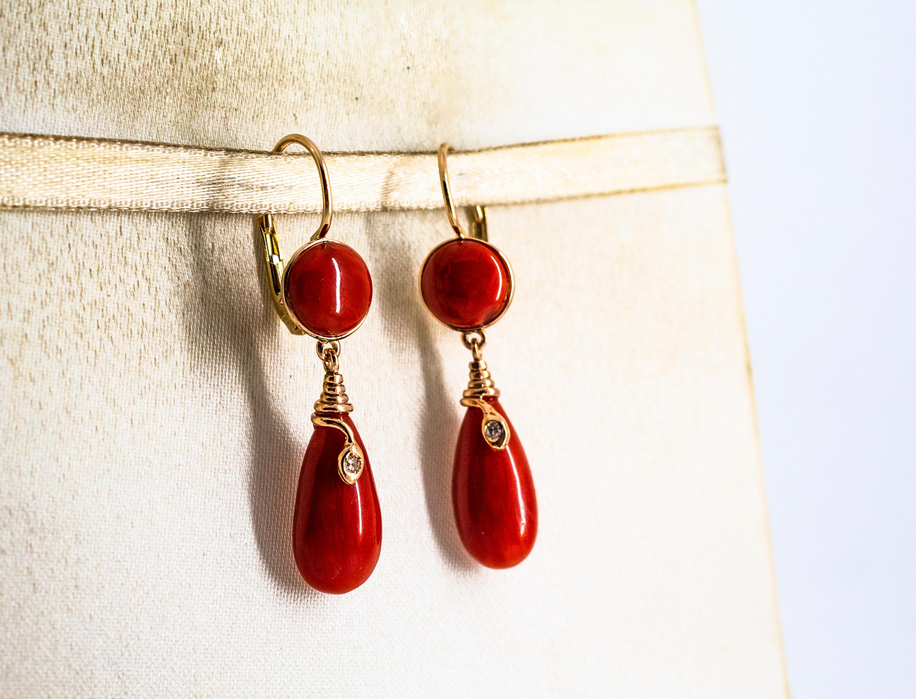 Mediterranean Red Coral White Diamond Yellow Gold Lever-Back 