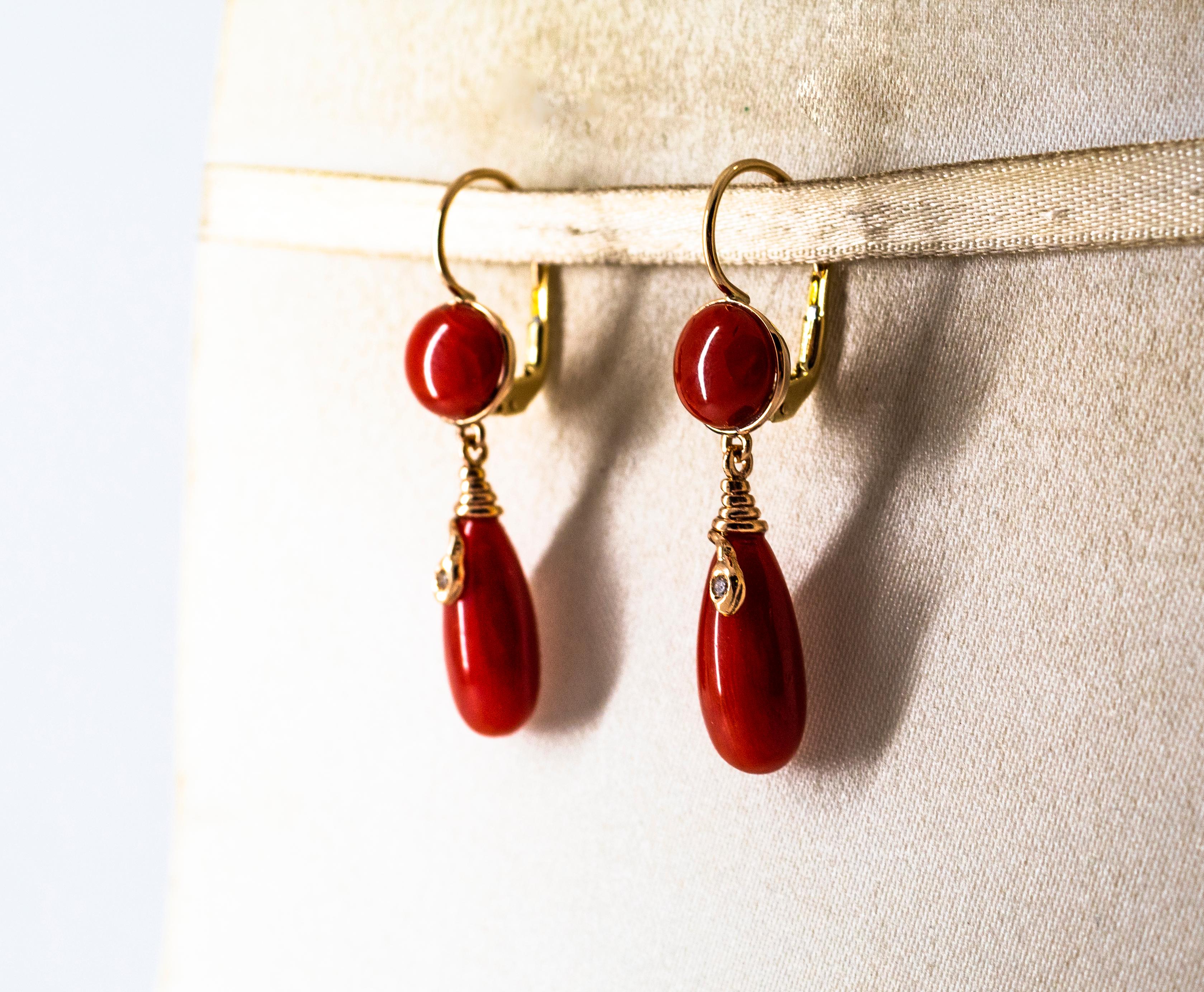 Women's or Men's Mediterranean Red Coral White Diamond Yellow Gold Lever-Back 