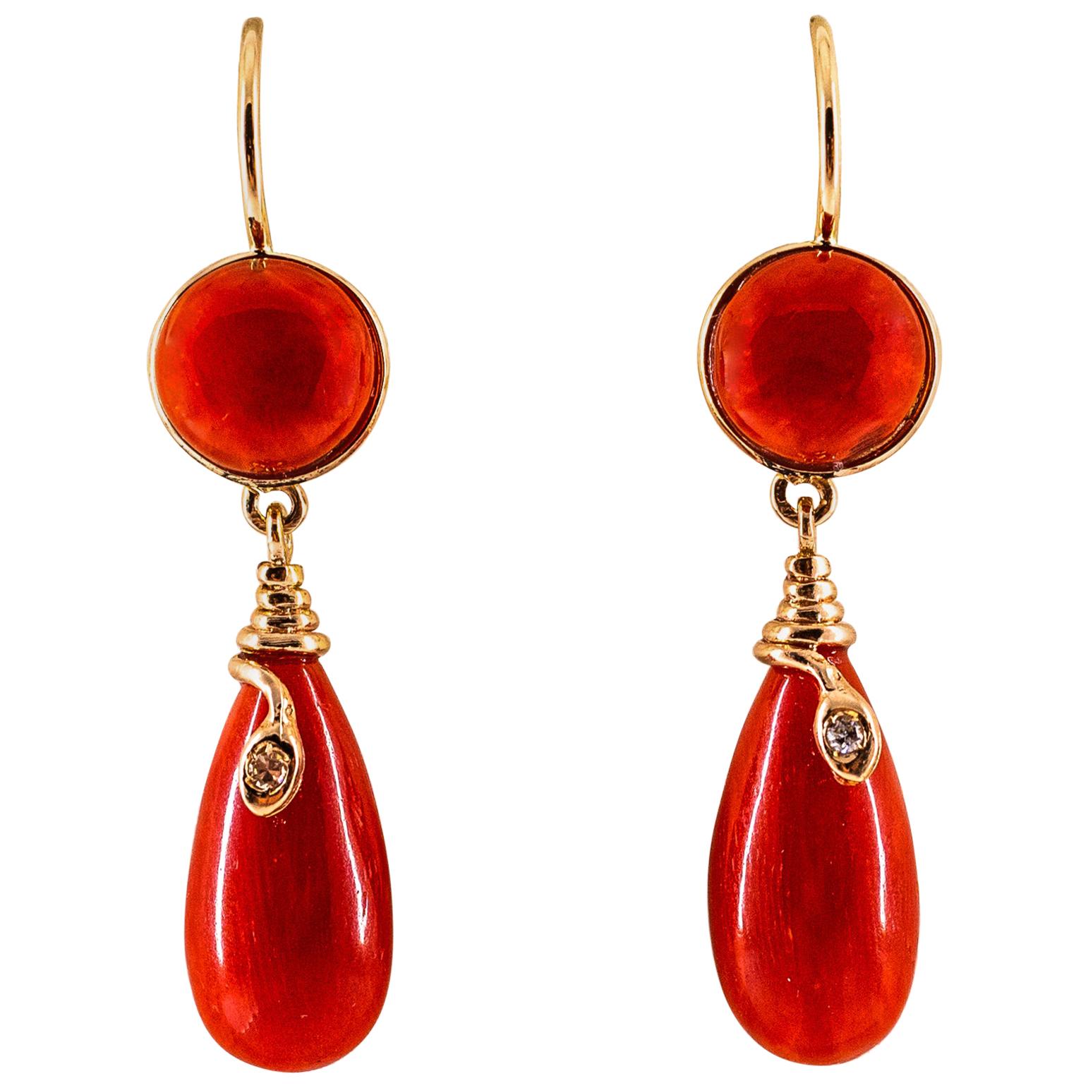 Mediterranean Red Coral White Diamond Yellow Gold Lever-Back "Snake" Earrings
