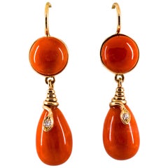 Mediterranean Red Coral White Diamond Yellow Gold Lever-Back "Snake" Earrings