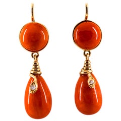 Mediterranean Red Coral White Diamond Yellow Gold Lever-Back "Snake" Earrings