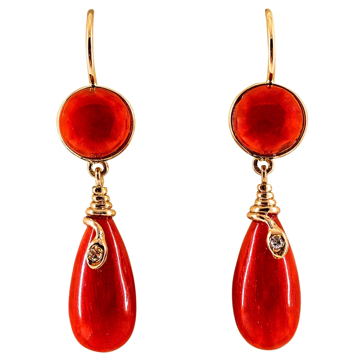 Mediterranean Red Coral White Diamond Yellow Gold Lever-Back "Snake" Earrings For Sale