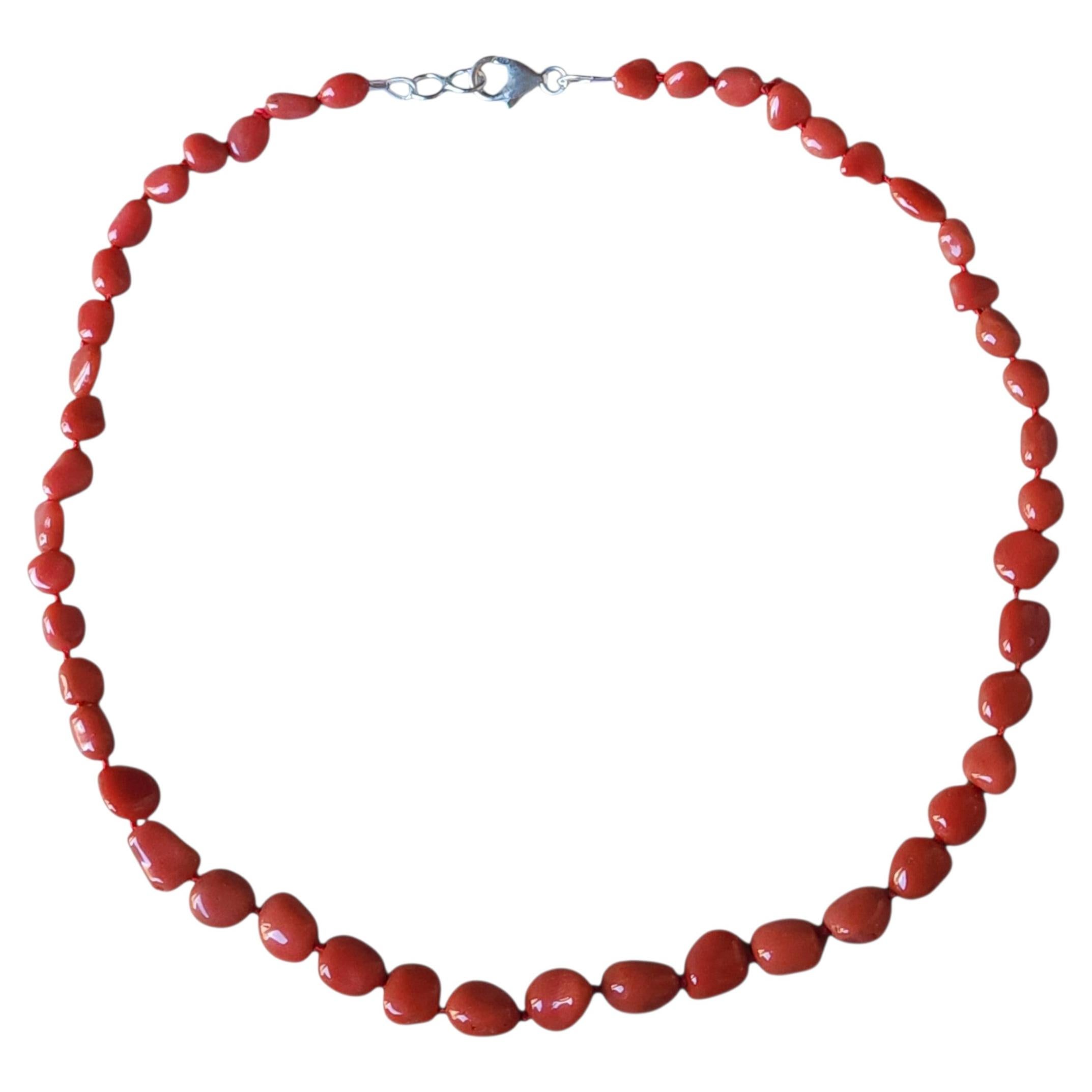 Mediterranean Salmon Coral Hand Knotted Sterling Silver Strand Necklace For Sale