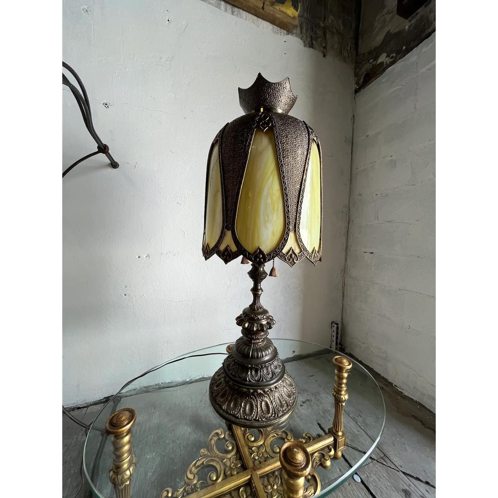 Slag glass and bronze lamp. Great proportion and balance. Nicely patinated. 3 Bulb function on individual pull chains for controlled ambiance and color control of slag panes. Lamp Fashion MFG. Co.
Curbside to NYC/Philly $350