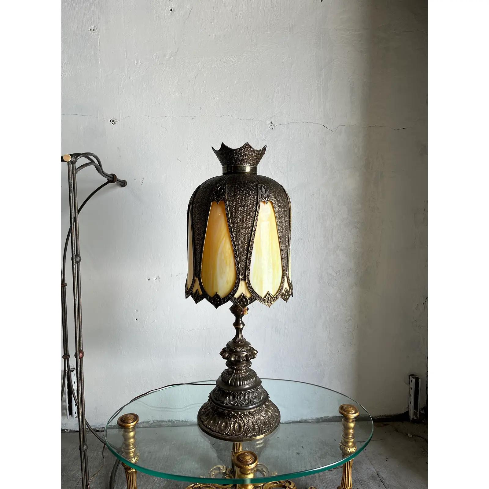 Aesthetic Movement Mediterranean Slag Stained Glass Bronze Lamp For Sale