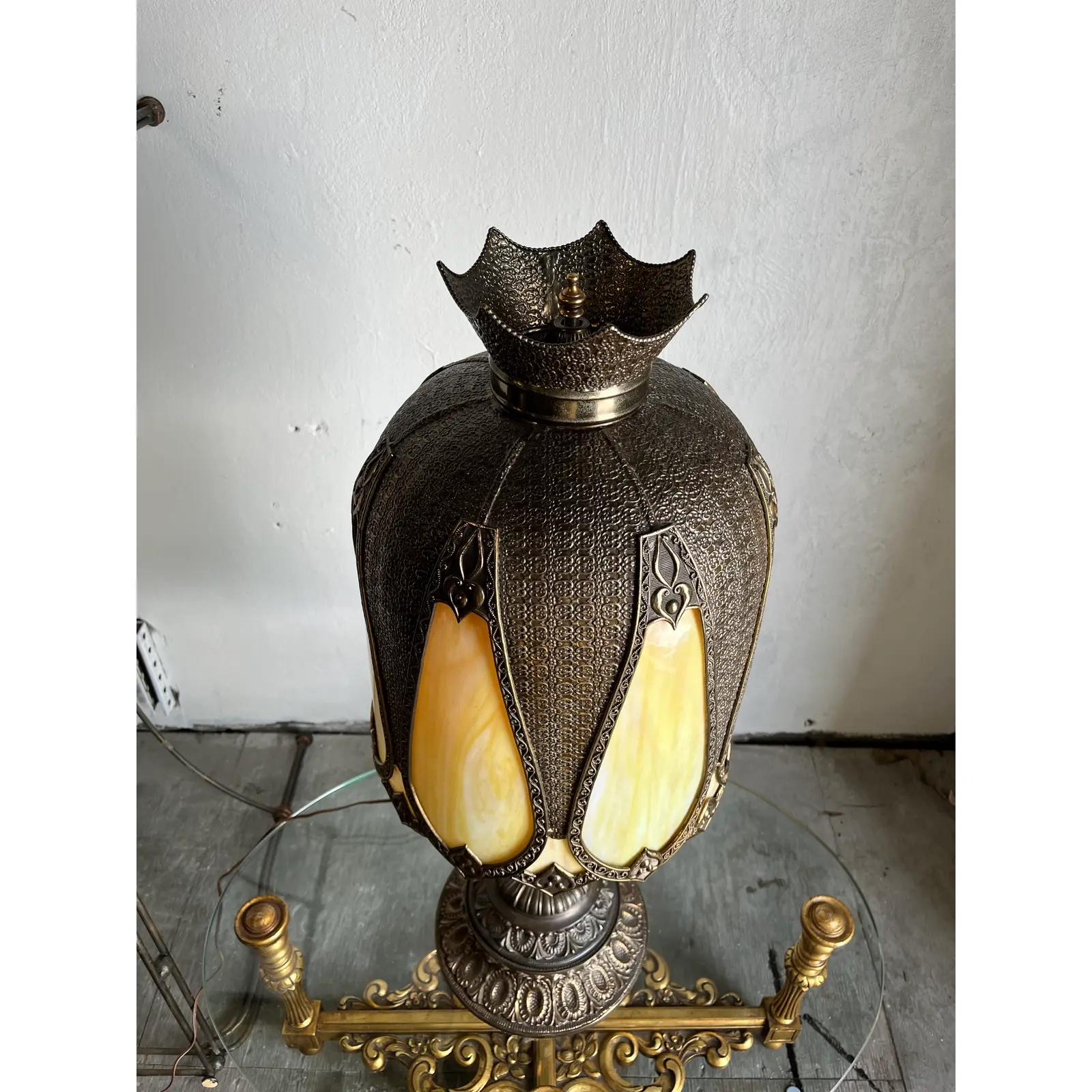 American Mediterranean Slag Stained Glass Bronze Lamp For Sale