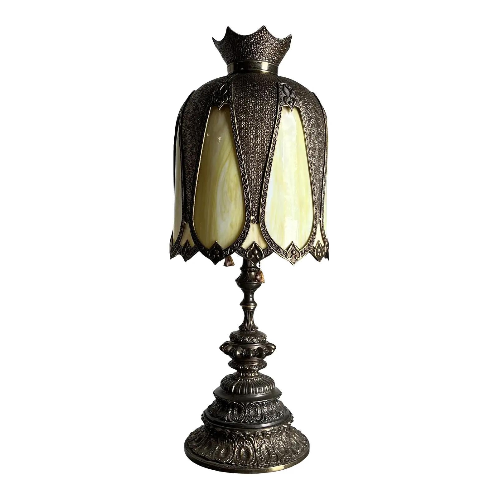 Mediterranean Slag Stained Glass Bronze Lamp In Good Condition For Sale In W Allenhurst, NJ