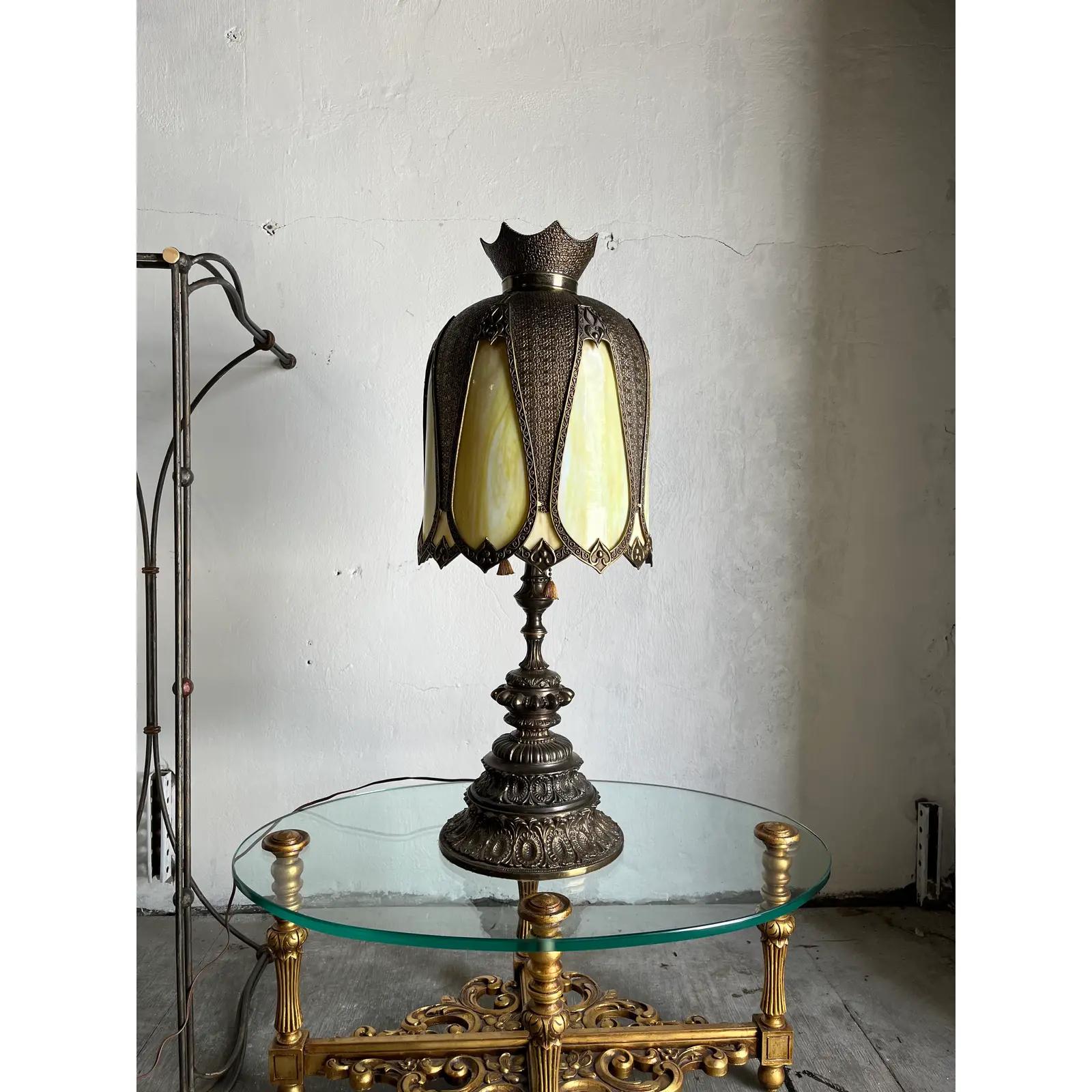 20th Century Mediterranean Slag Stained Glass Bronze Lamp For Sale