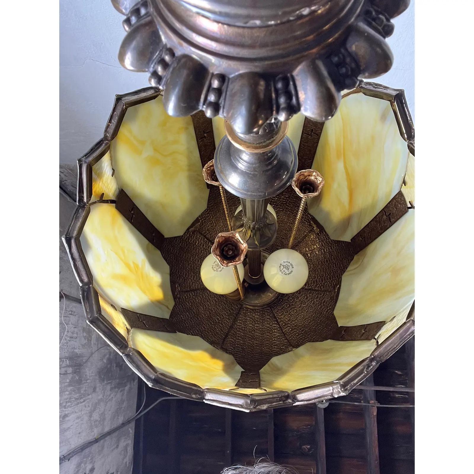 Metal Mediterranean Slag Stained Glass Bronze Lamp For Sale