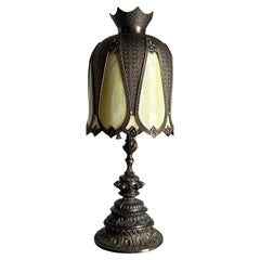 Antique Mediterranean Slag Stained Glass Bronze Lamp