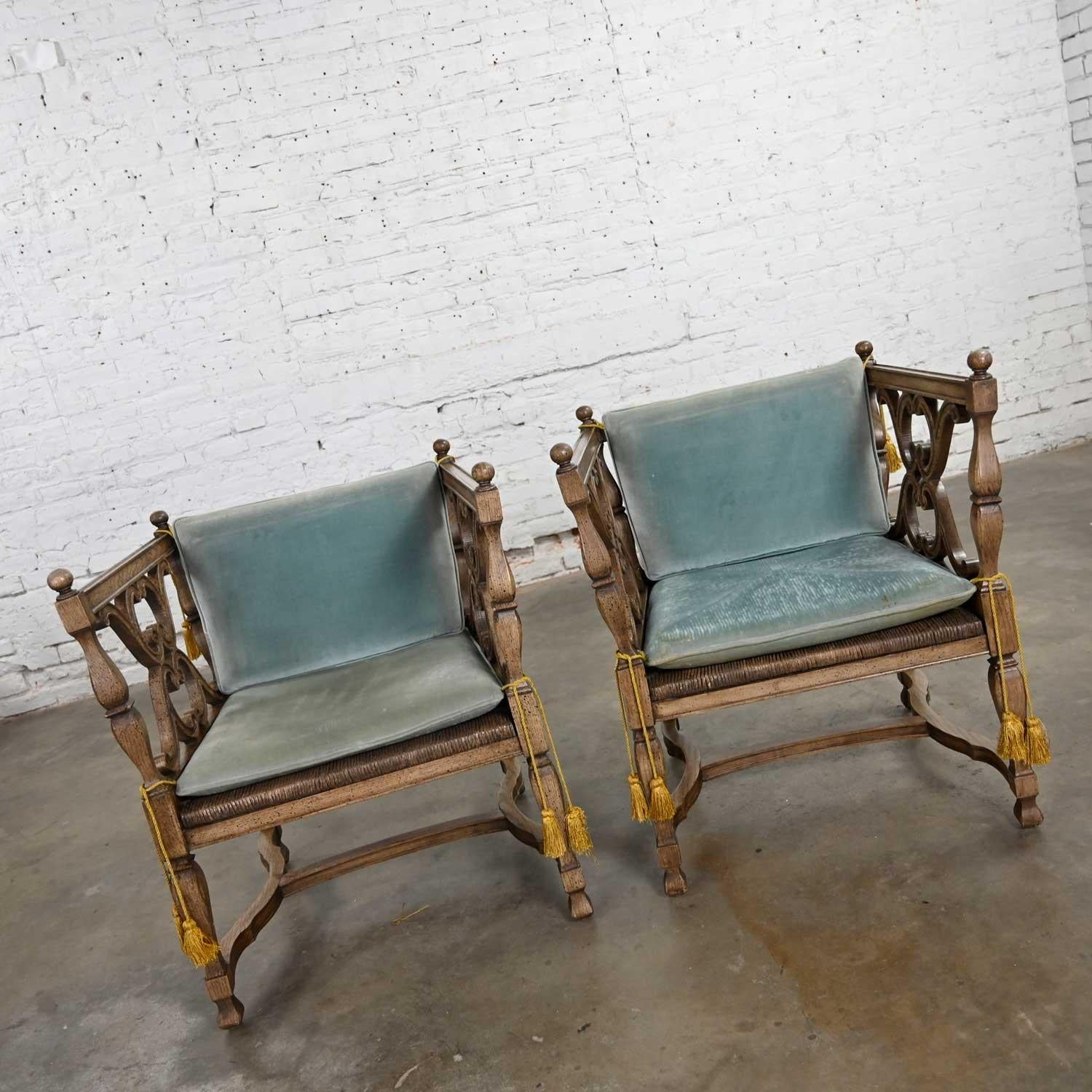 20th Century Mediterranean Spanish Revival Pair Ceruse Chairs Rush Seats Blue Loose Cushions For Sale