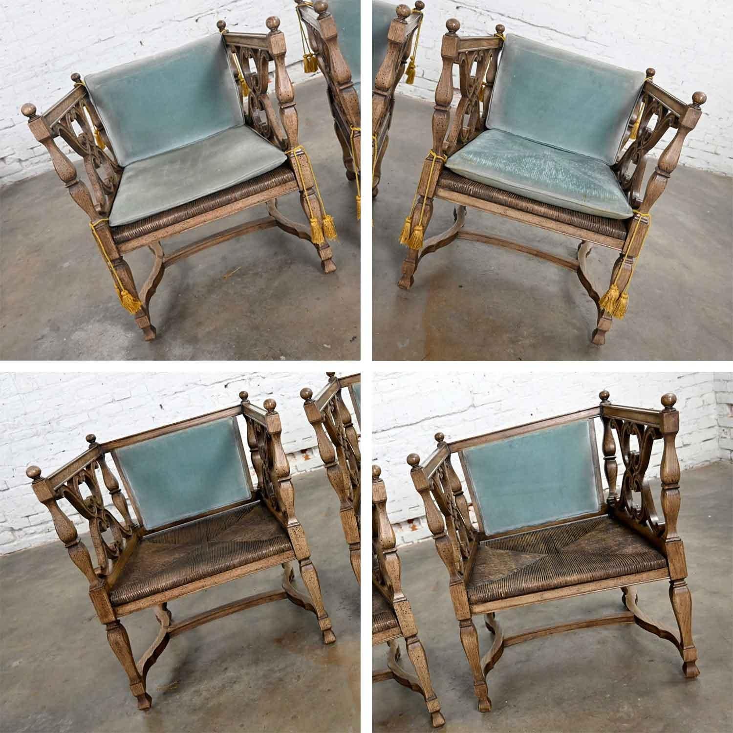 Velvet Mediterranean Spanish Revival Pair Ceruse Chairs Rush Seats Blue Loose Cushions For Sale