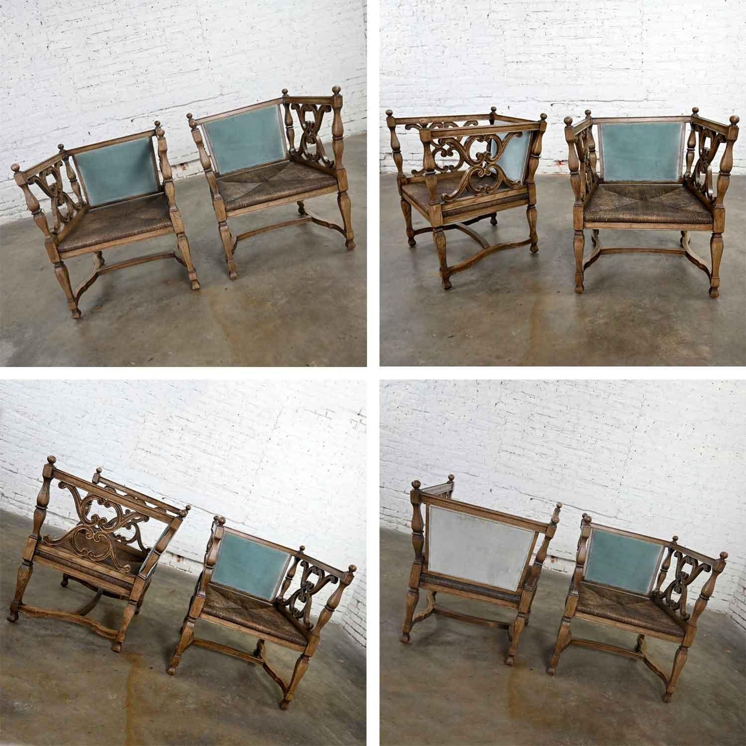 Mediterranean Spanish Revival Pair Ceruse Chairs Rush Seats Blue Loose Cushions For Sale 2