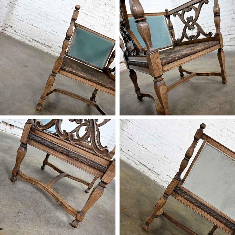 Mediterranean Spanish Revival Pair Ceruse Chairs Rush Seats Blue Loose Cushions For Sale at