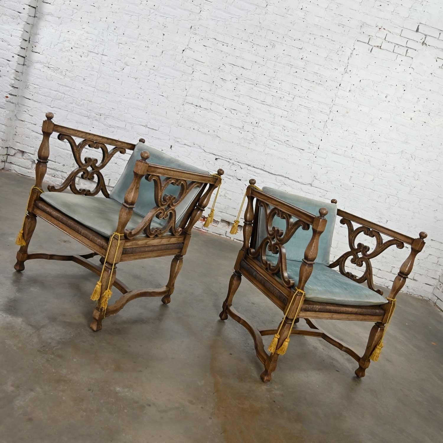 Other Mediterranean Spanish Revival Pair Ceruse Chairs Rush Seats Blue Loose Cushions For Sale
