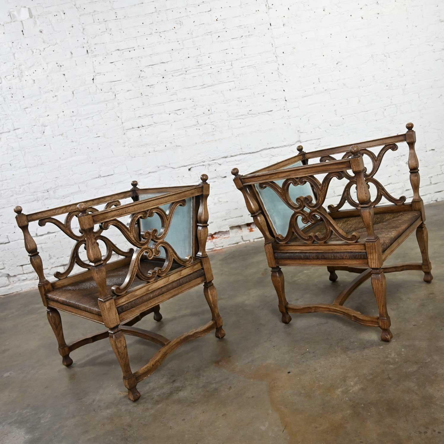 American Mediterranean Spanish Revival Pair Ceruse Chairs Rush Seats Blue Loose Cushions